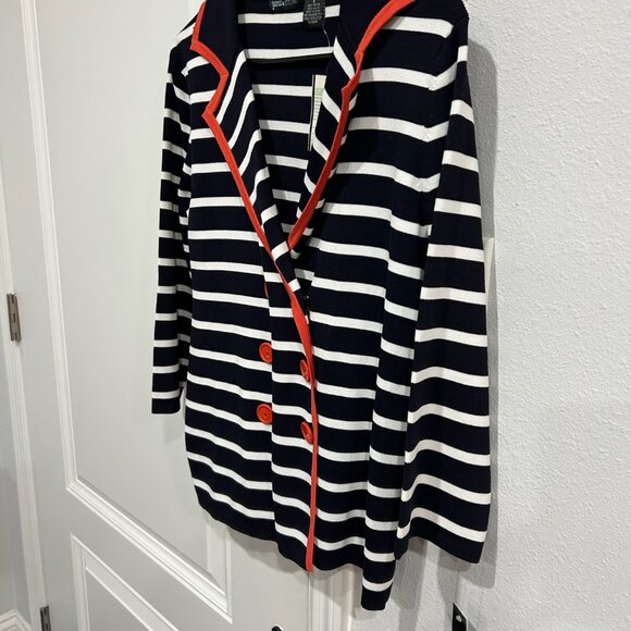 Yarns & Stitches Small Striped Red Trim Button Front Cardigan Nautical Preppy NW - Picture 7 of 11